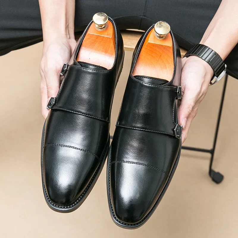 

New Men Double Buckle Monk Shoes Brown Black Pu Leather Mengke Shoes Dress Shoes Size 38-45