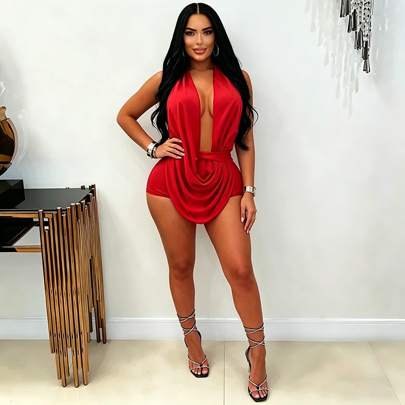 

Sexy Deep V-neck Halter Backless Bodycon Rompers Woman Playsuit Sleeveless Ruched Jumpsuit Short Overalls Night Party Outfits