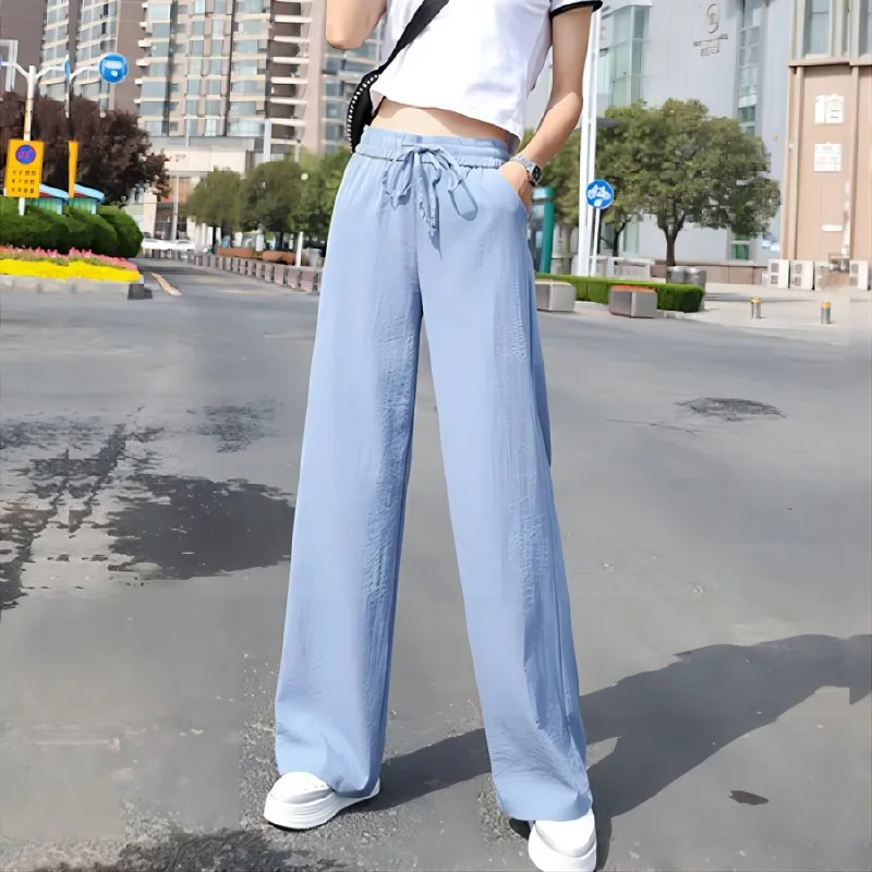 

2024 Women's New High Waist Drawstring Drop Loose Casual Straight Leg Floor Pants Show Height and Slim Sunscreen Pants