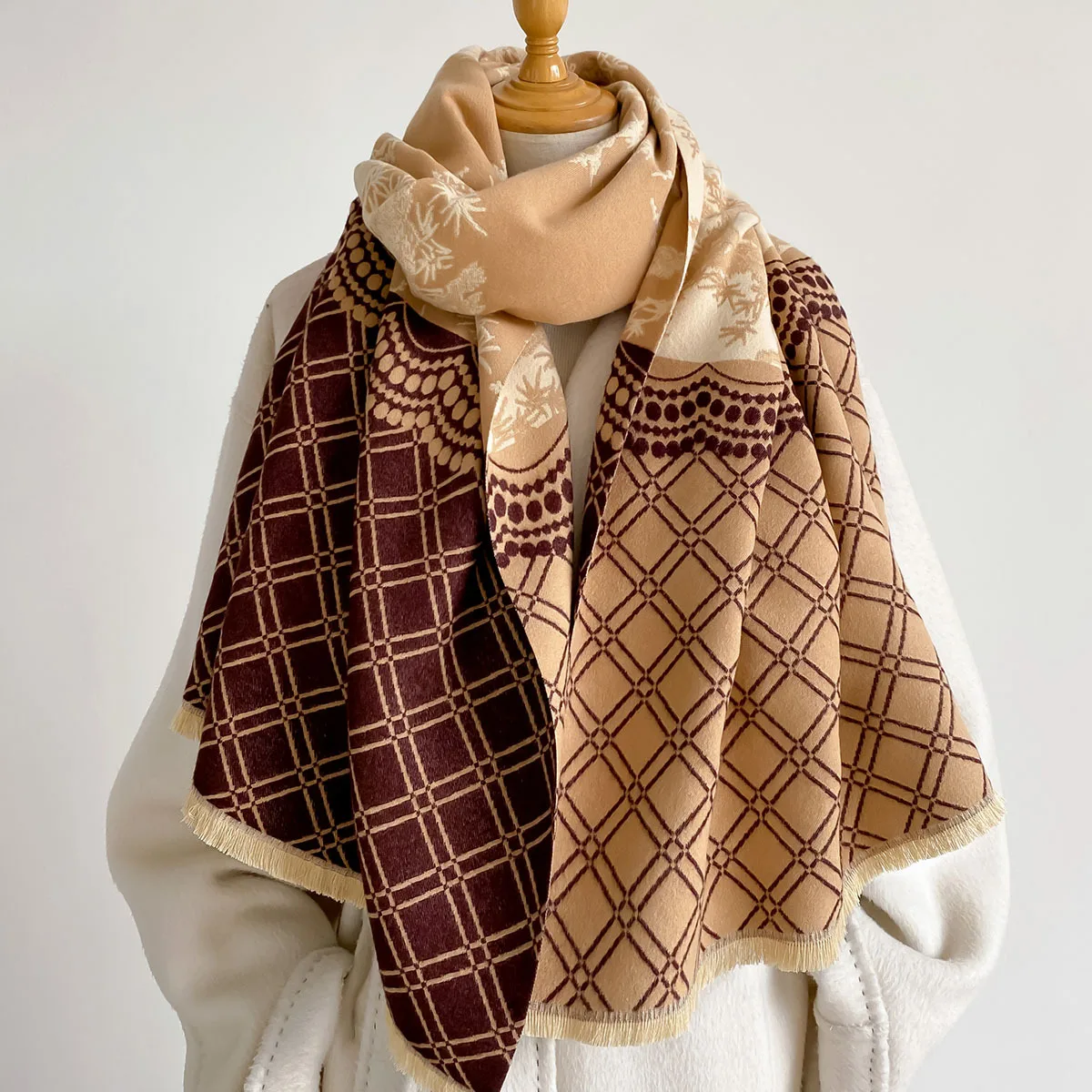 Womens Oversized Faux Cashmere Shawl Retro Khaki Burgundy Chinese Floral Lattice Print Reversible Warm Outdoor Coat Scarf