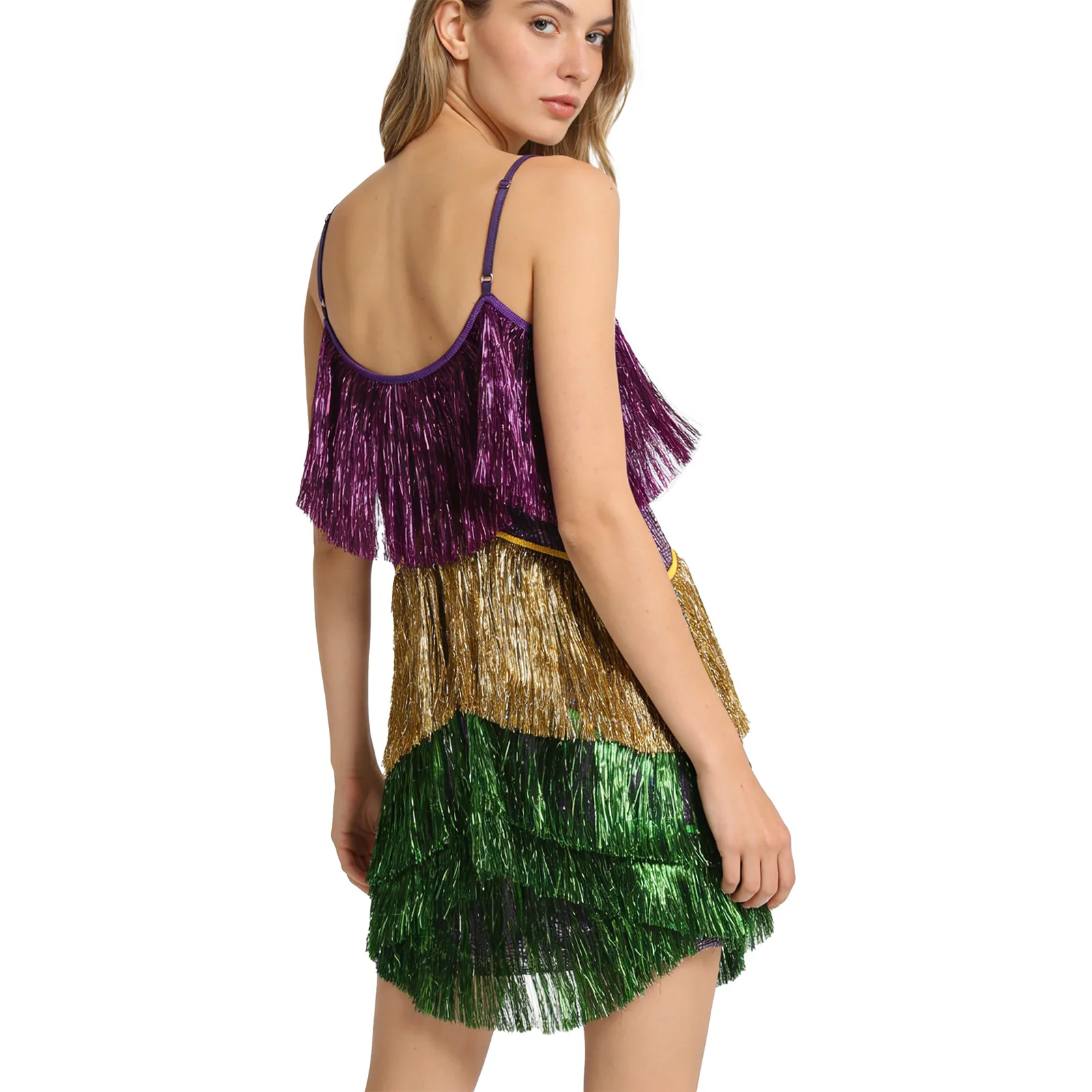 Abito da Danza del Ventre per Donna, Vestito Mini con Paillettes Luccicanti e Frange, Abito Senza Maniche con Blocchi di Colore e Nappe per Discoteca e Danza Samba