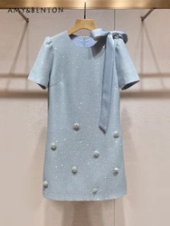 Elegant Socialite High-End A-line Dresses 2024 Summer New French Temperament Bow Tie Beaded Short Sleeve Loose Slim Mini Dress