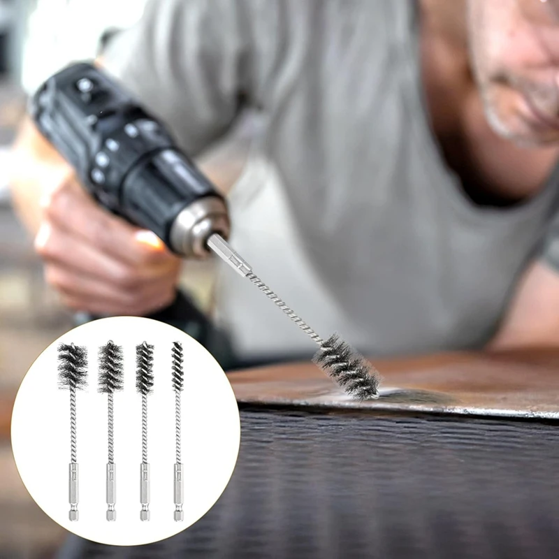 4 Pcs Wire Brushes for Drill Stainless Steel Bore Brush Set 3/8In 1/2In 3/4In 7/8In for Drill Ports Tubes Bearings-ABFB
