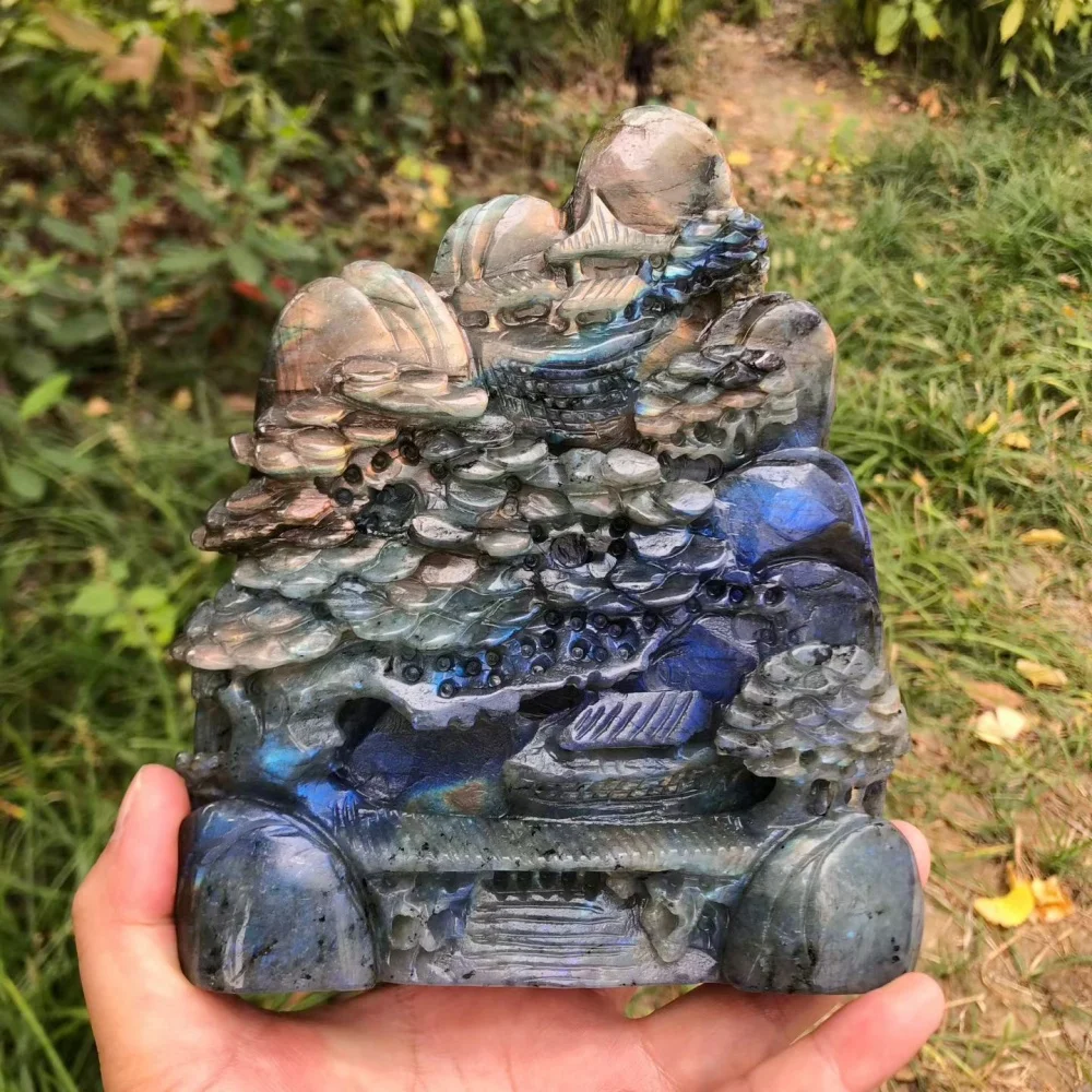 Natural Labradorite Hand Carved Mountain Landscape Sculpture, Flash Blue Light Crystal Stone Statue, Home Decor, Reiki Healing