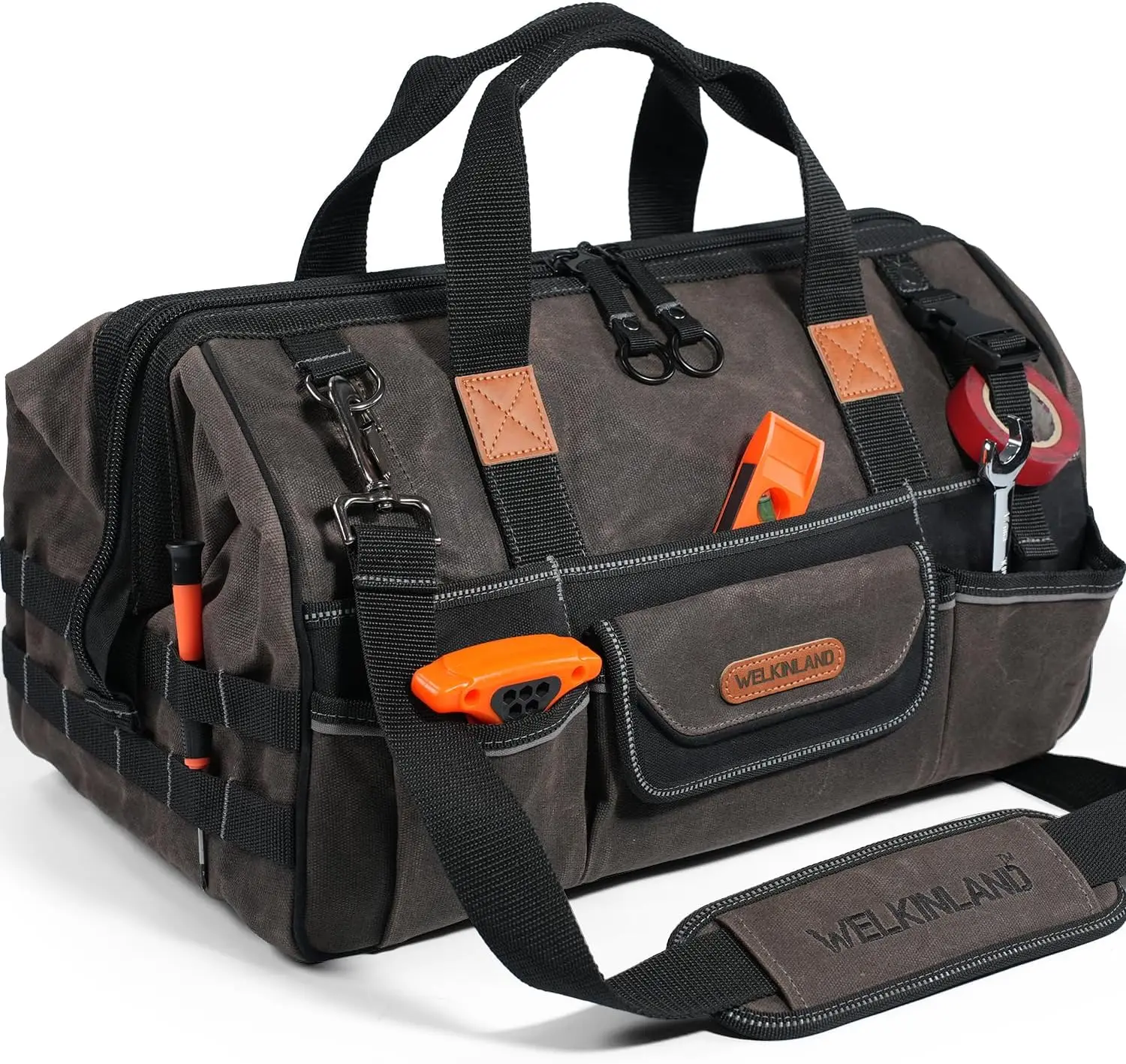 

18 Inch Waxed Canvas Tool Bag, Heavy-Duty 28-Pocket Organizer, Large Opening 36L Electrical HVAC Work Tote