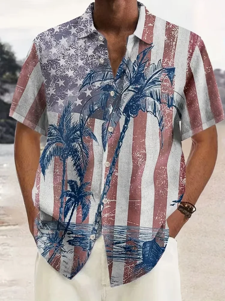 Fashionable men's short sleeved shirt with full page printing of green plants, branches, and flowers, versatile Hawaiian shirt