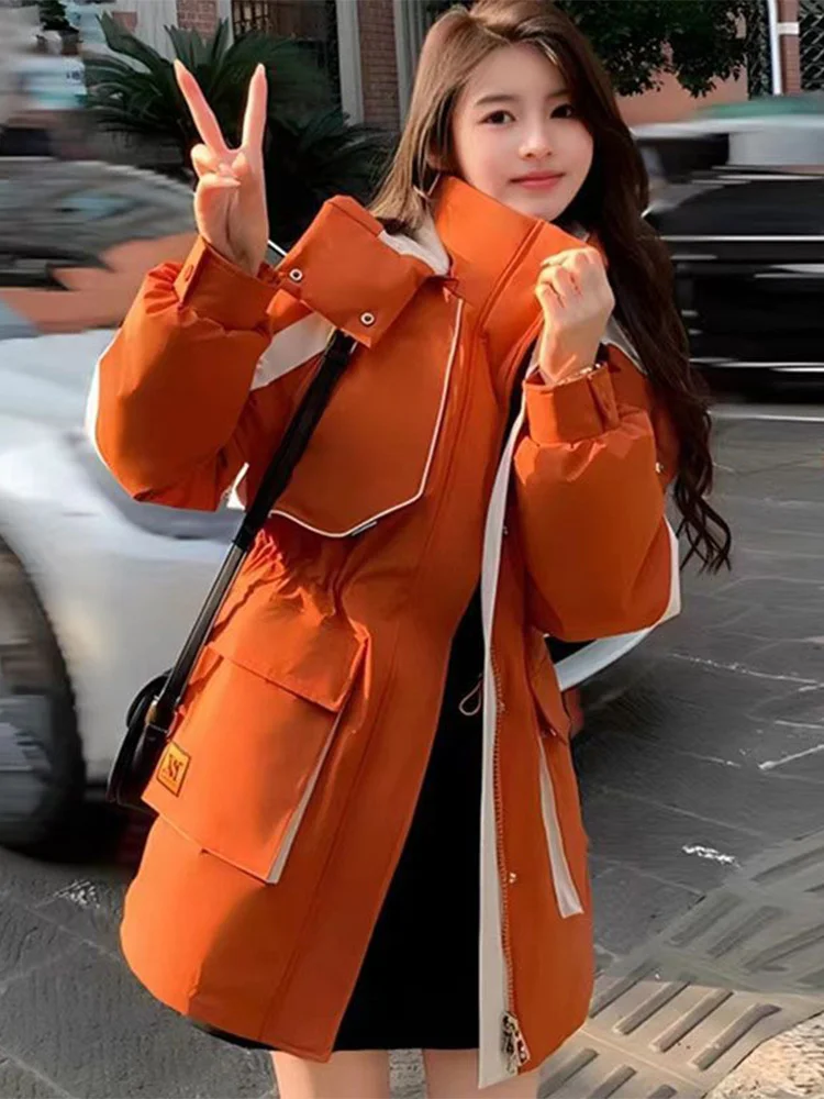 

Winter New Faionable Women's Cotton Jaet Coat Warmth Waist-Cinching High-End Feel Zipper Closure Long Sve Hooded Coat