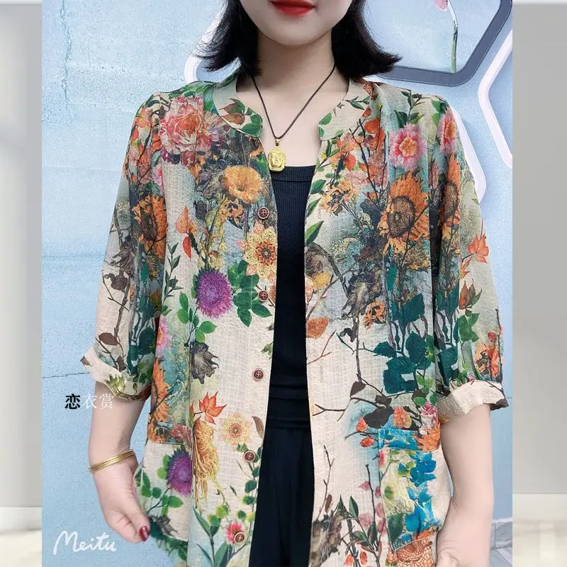 Women\'s Floral Print Vintage Cotton Linen Button Up Shirt 2023 Summer Fashion Half Sleeve Blouse Casual Loose Tops Female Blusas