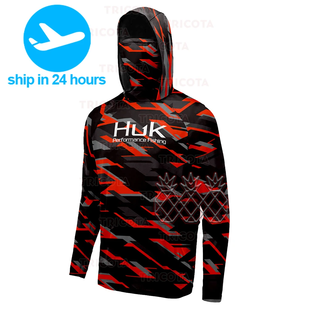 

HUK Fishing Shirts UPF 50+ Men's Hooded Face Cover Fishing Clothes Summer Long Sleeve Sun Protection Camouflage Fishing T-Shirts