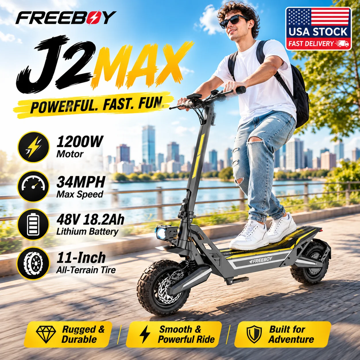 FREEBOY J2max Electric Scooter for Adults 1200W Powerful Rear Motor 34 MPH Fast Speed 48V 18.2Ah Battery Up to 31 Miles Range 11 Inch Inflatable Off-Road Tires Foldable E-Scooter Dual Disc Brakes Front Rear Shock Absorption LED Display