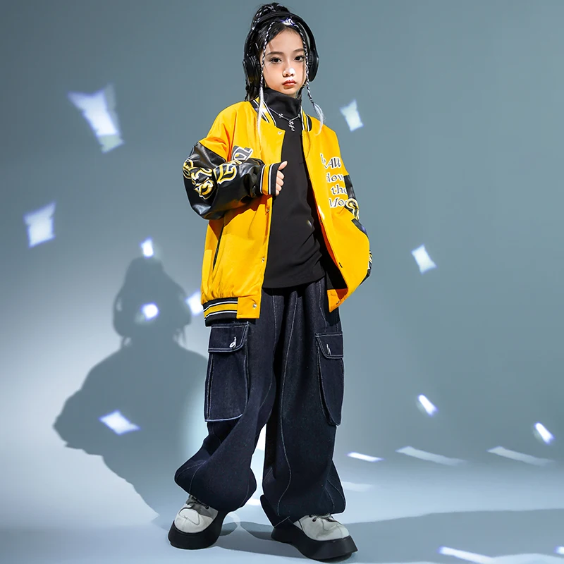 Ropa de Hip Hop Kpop para niño y niña, abrigo de béisbol amarillo, chaqueta de carreras, pantalones Cargo negros, disfraz de baile de Jazz