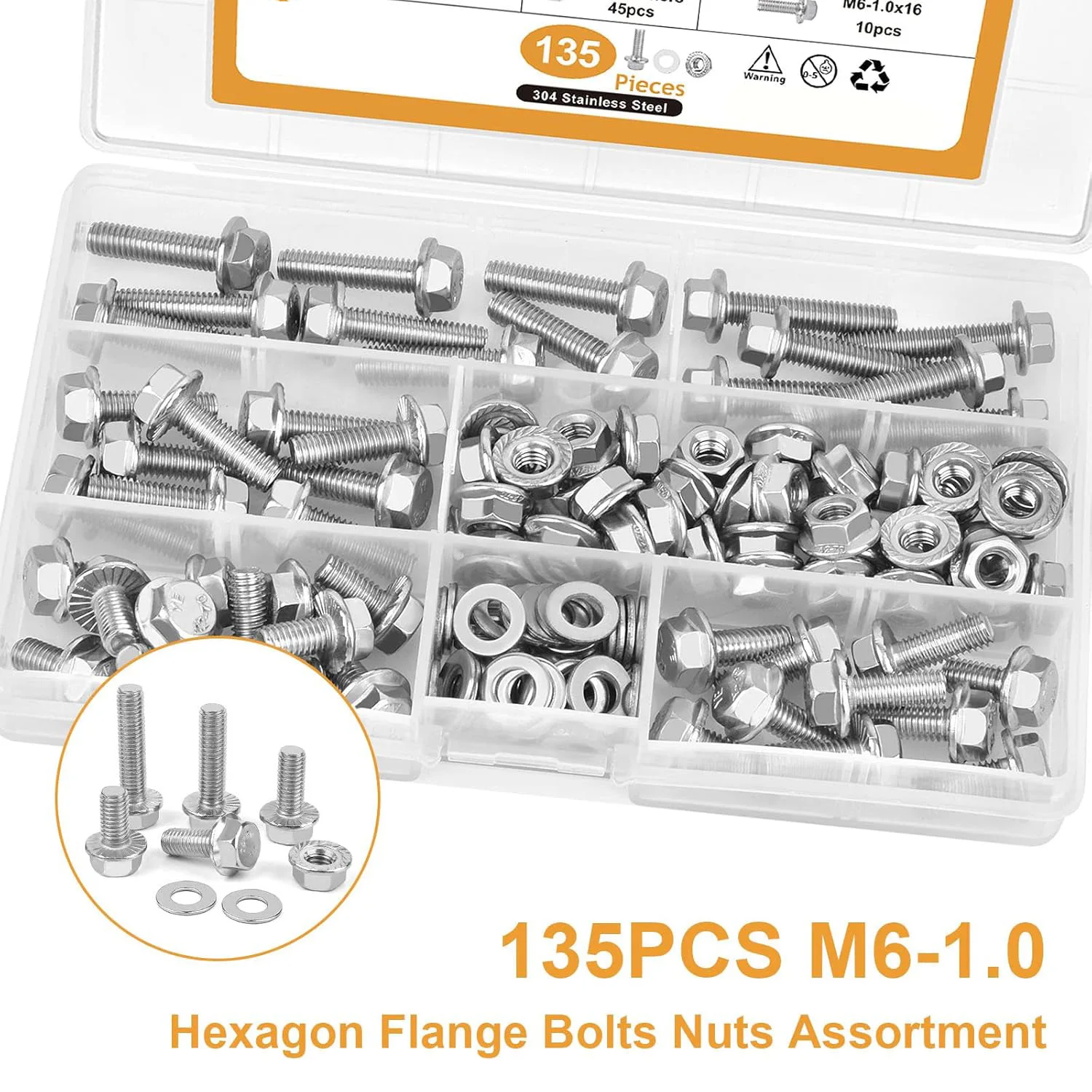 135Pcs Set 304 Stainless Steel M6-1.0 Hex Head Bolt Nut Washer Kit for Hardware And DIY Projects