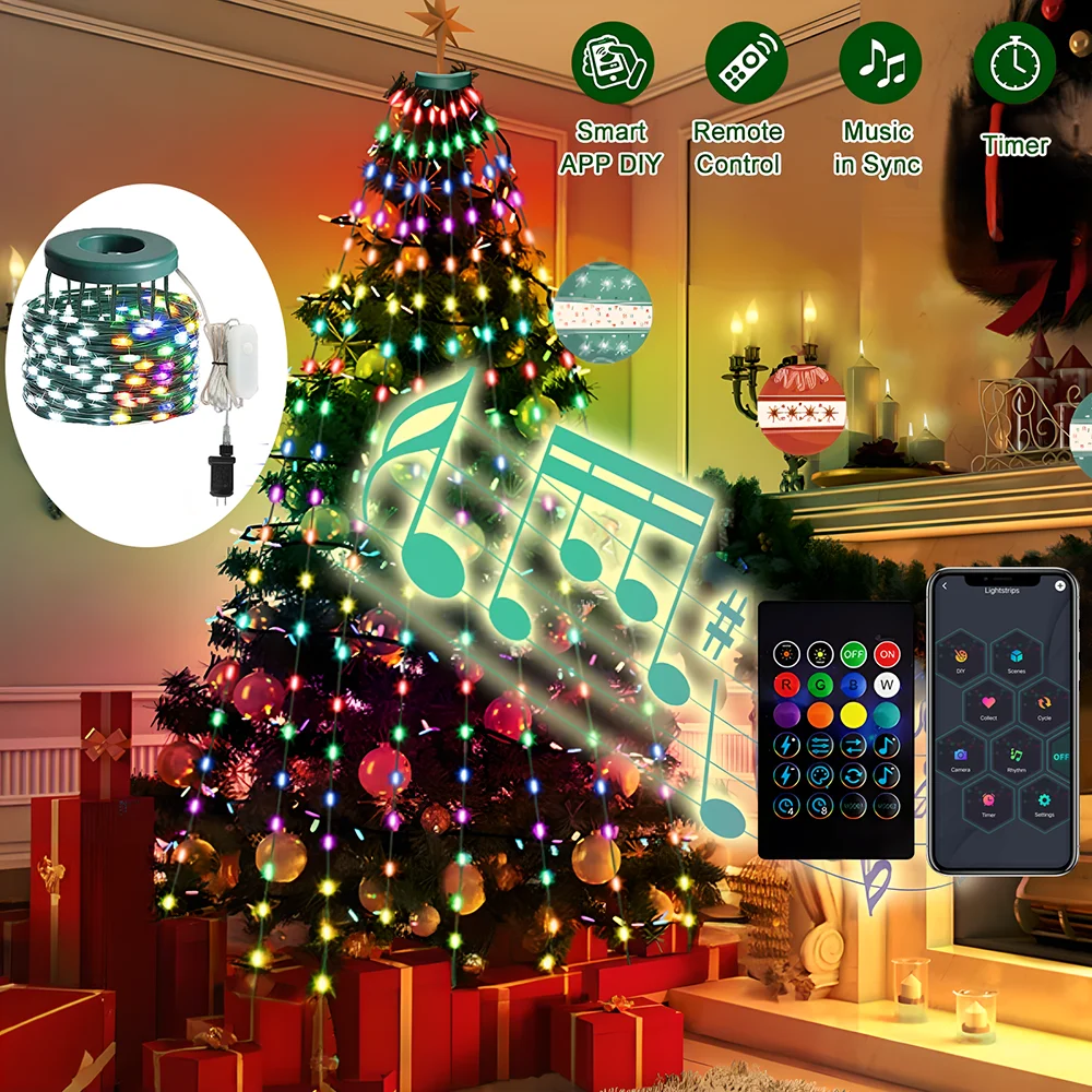 2.1M Christmas Tree LED String Lights App Control Garland LED Star String Waterfall DIY Xmas Tree Lights Festival Decoration