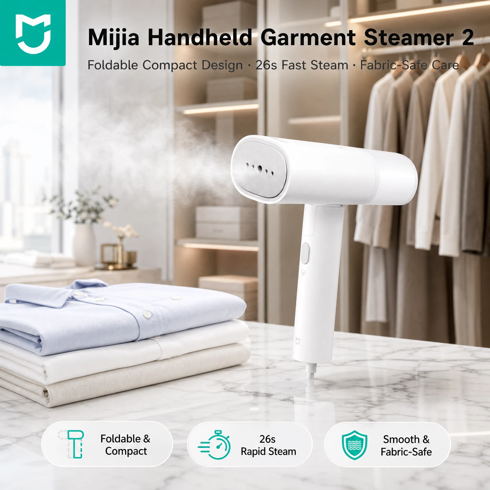 Mijia Handheld Garment Steamer 2 Foldable Portable Fabric Iron 26s Quick Steam Anti-scald Wrinkle Remover for Home & Travel