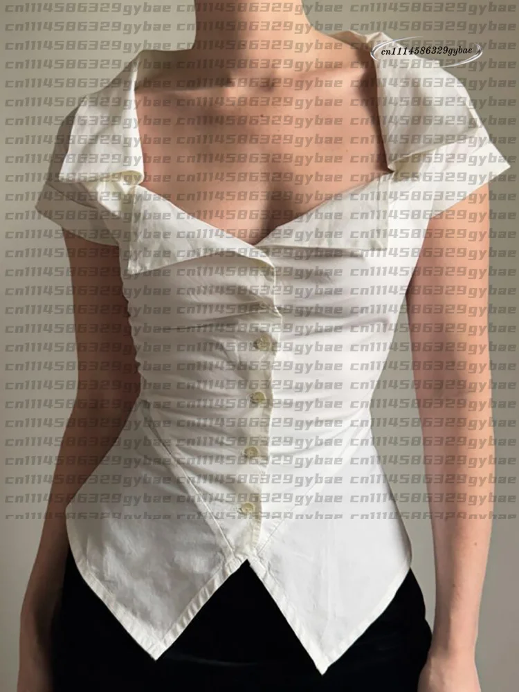 Lady's Y2K white fitted shirt with collarless design minimalist high street style irregular pointed hem retro 90s streetwear
