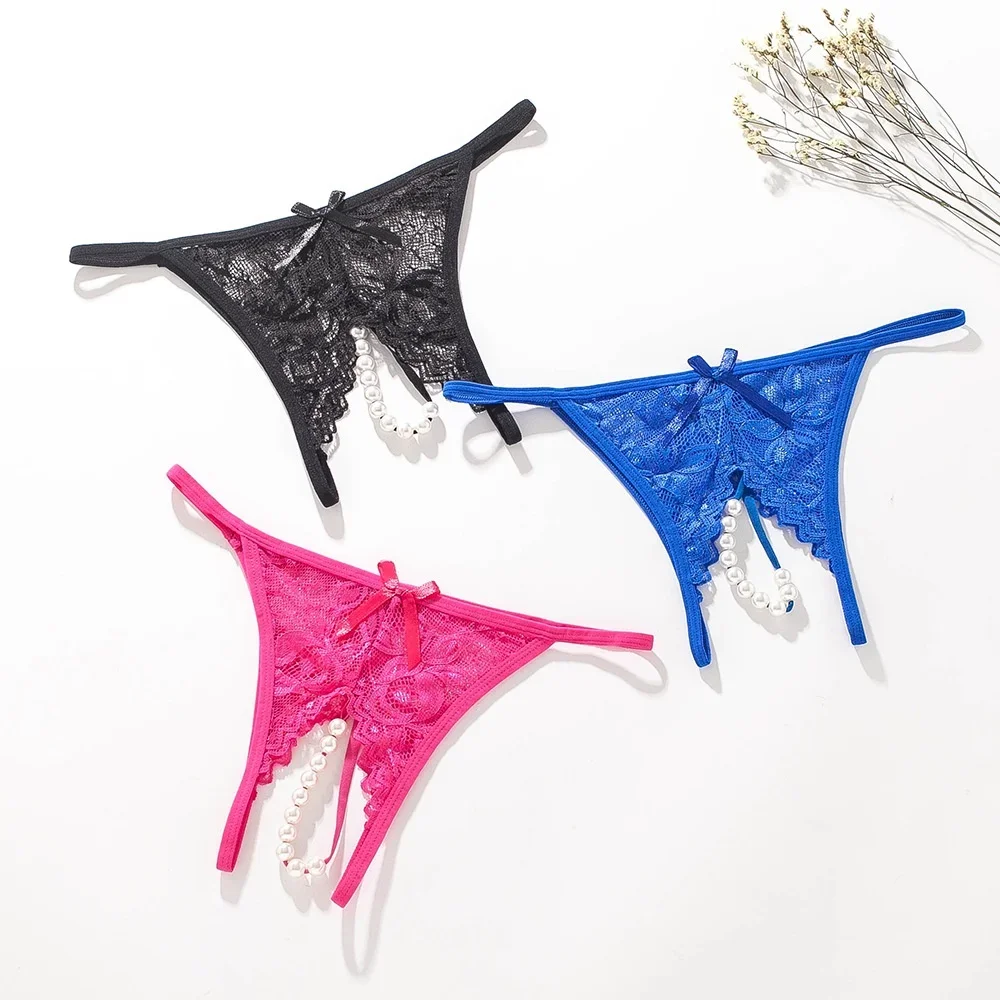 Women Hot Pearl Massage thong Sexy Panties Female Open Crotch Lace Transparent temptation g string Exotic crotchless underwear image 2