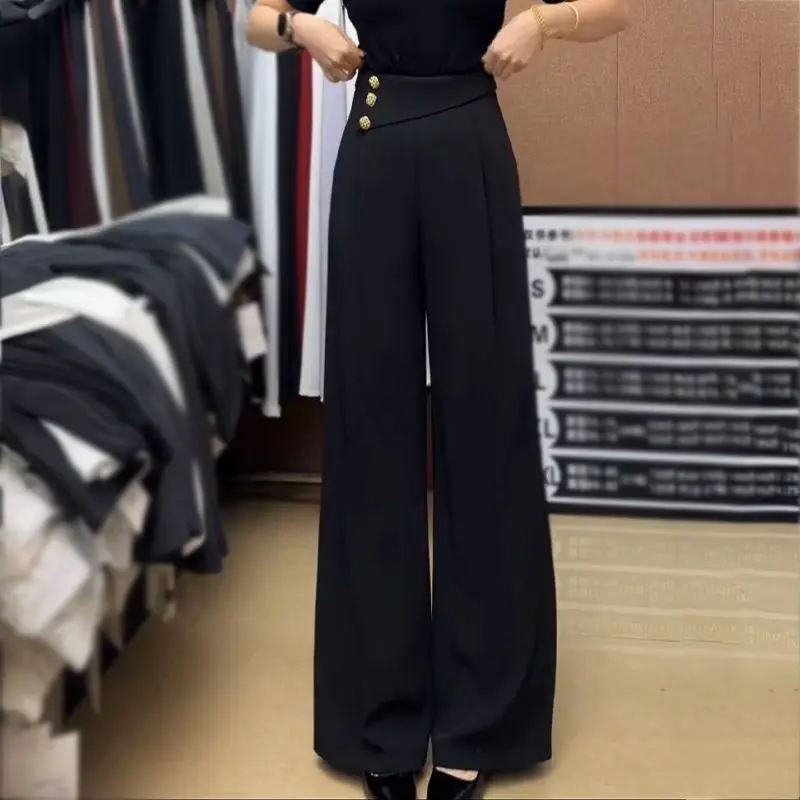 Retro Narrow Version of Wide-leg Pants Draped with Ice Silk Waist-tight Straight Pear Shape to Make You Look Slim