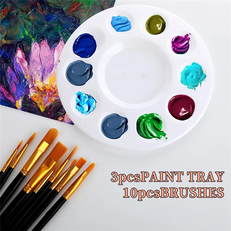 EDT-Paint Brush Palette Set 10 Pieces Nylon Craft Acrylic Paint Brushes 3 Pieces Round Paint Tray Palette For Painting