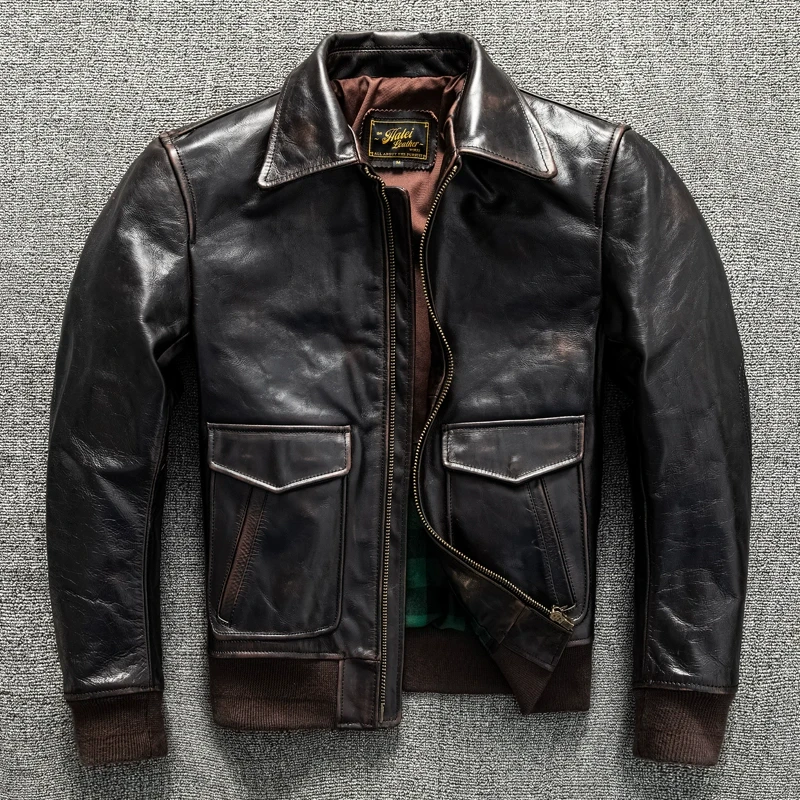 Vintage Black Autumn Pilot Leather Jacket Men Military Style Plus Size 5XL Natural Cowhide Aviation Genuine Leather Coat