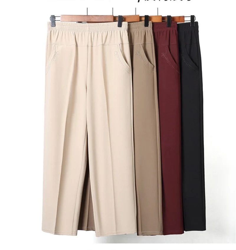 Extra Large Mom Summer Straight Pants Middle-Aged Women Elastic High Waist Grandma Ice Silk Cropped Pants Female Casual Pants
