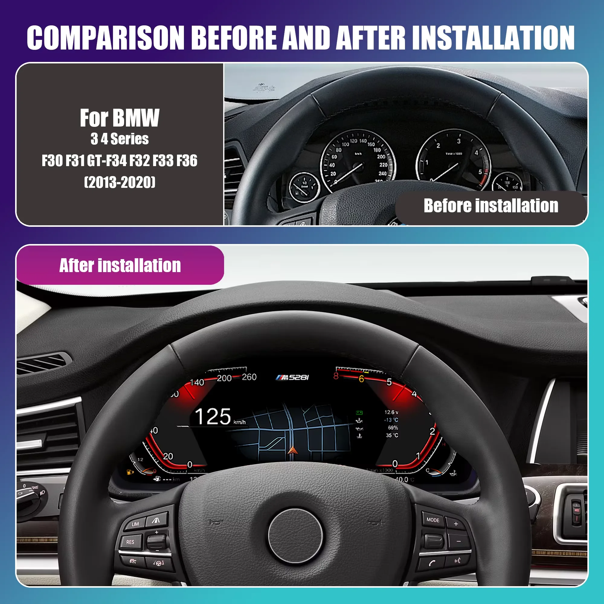 BONROAD Digital Cluster Dashboard For BMW 3 4 Series F30 F31 F32 F33 F36 6 Series GT-F34 LCD Wireless Carplay Android Auto Car Instrument Virtual Cockpit