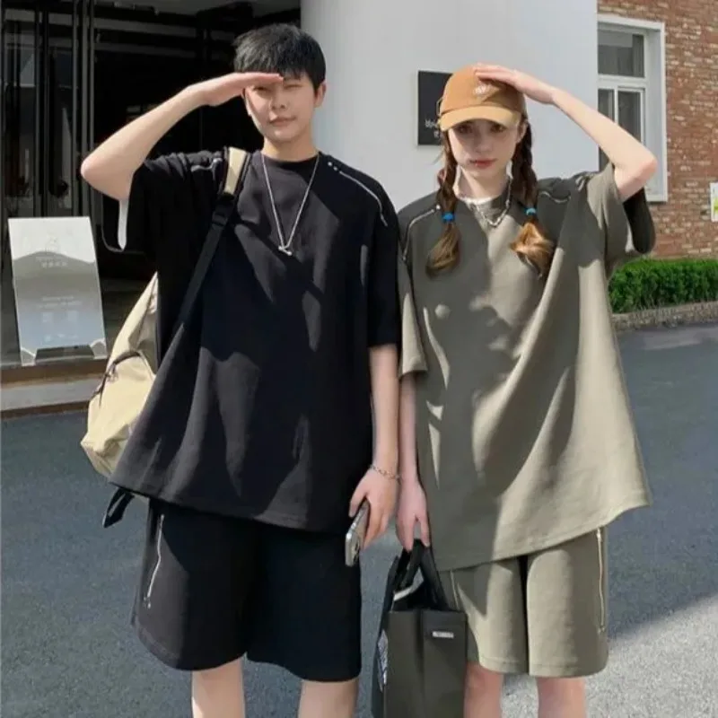 

Couple American Casual Tracksuit 240g Space Cotton Zipper Decor Short Sleeve T Shirt Shorts Oversized M 5XL