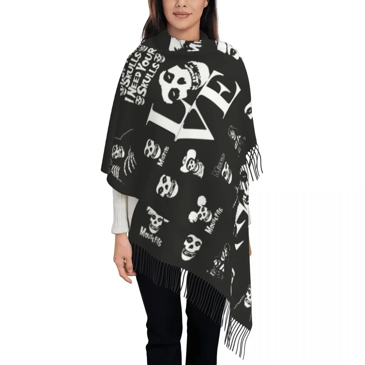 Custom Horror Punk Rock Misfits Skull Tassel Scarf Women Soft Shawls Wraps Ladies Winter Scarves