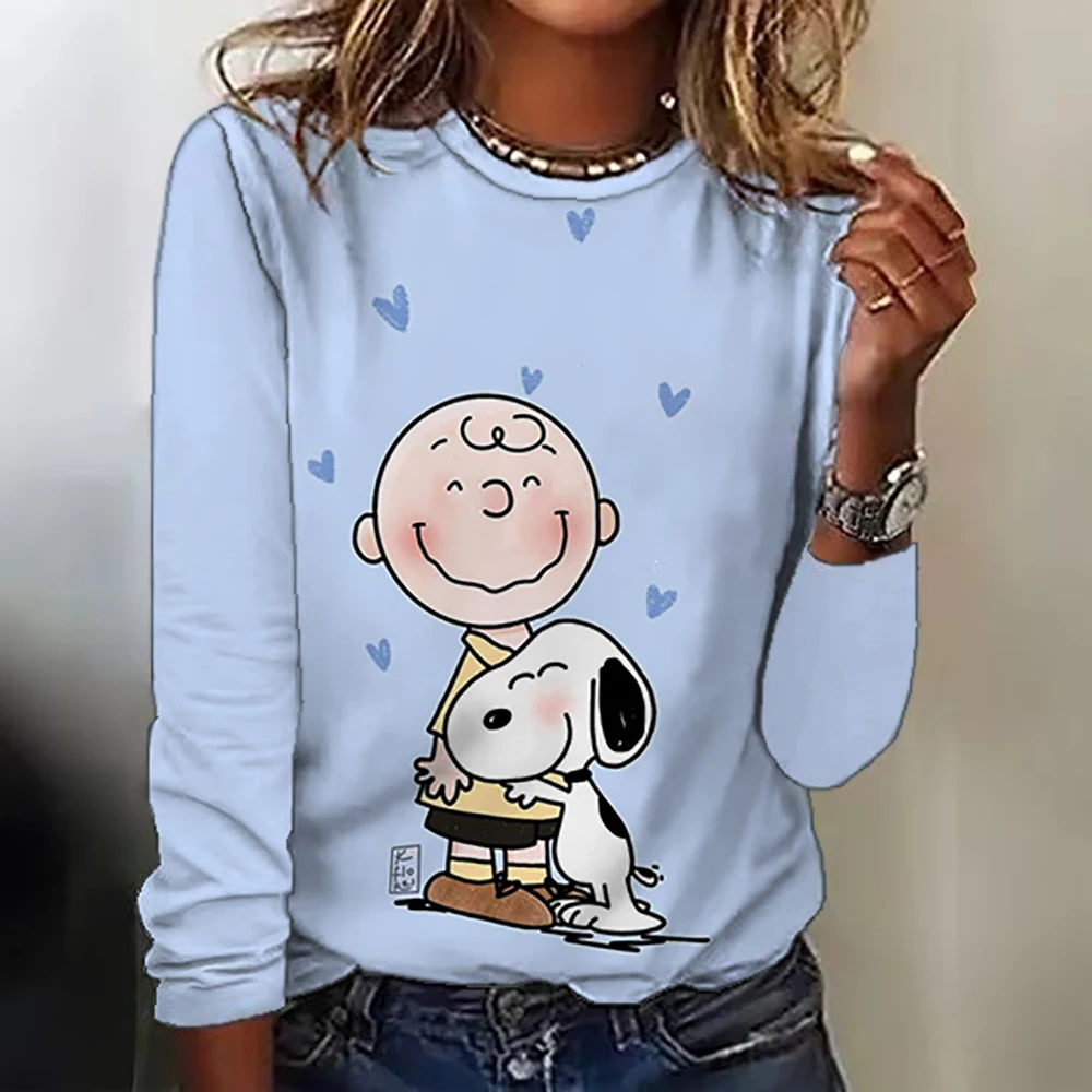 Camiseta com gola redonda com estampa Snoopy, blusa casual de manga comprida para primavera e outono, roupas femininas