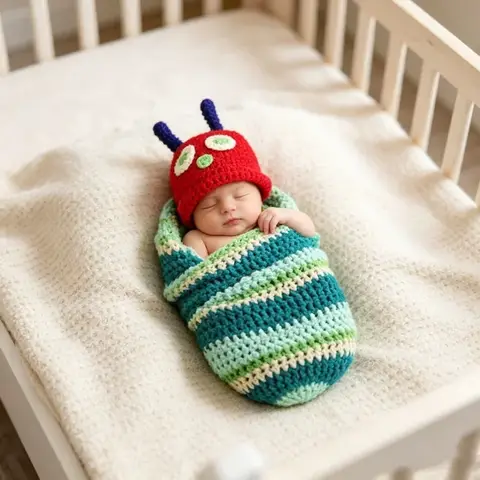 Caterpillar Design Knitted Wrap Pouch Matching Hat Handmade Outfit Creative Posing Costume For Studio Photo Shooting Accessories