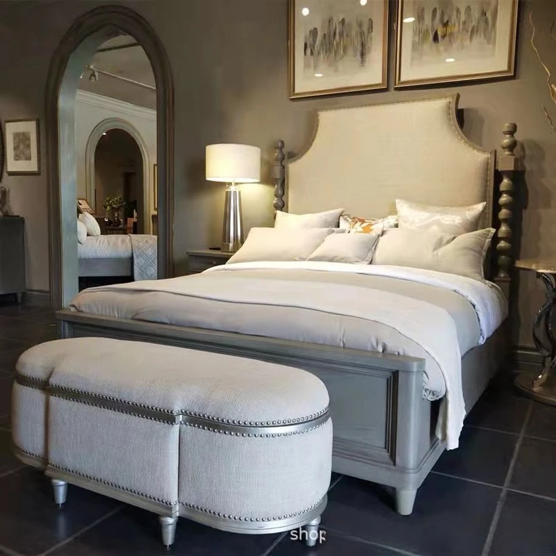 American Solid Wood French Simple Light Luxury Pillar Bed Rev Medieval Hotel Bedroom B&B Double 1.51.8m Wedding Bed