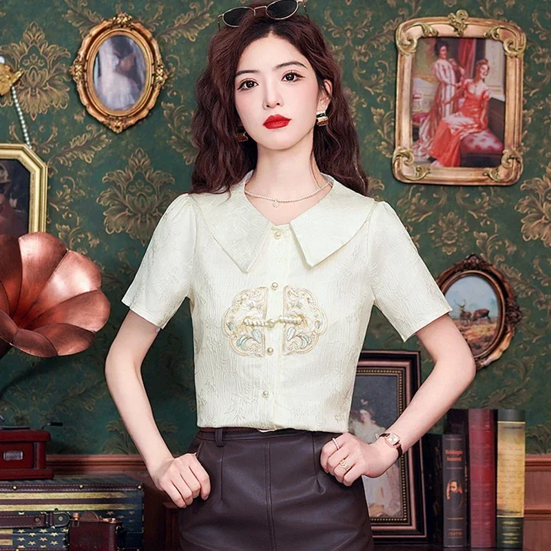

New Summer Women Shirt Short Sleeve Fashion Doll Collar Embroidery Shirt Blouse Women Tops Blusas Mujer De Moda 2026 Verano H597