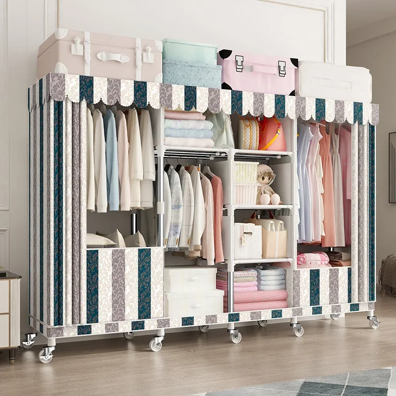 Enclosed Cloth Wardrobe For Home Use With Steel Pipe Reinforced Thickened Full Steel Frame Oxford Fabric Sealed Simple