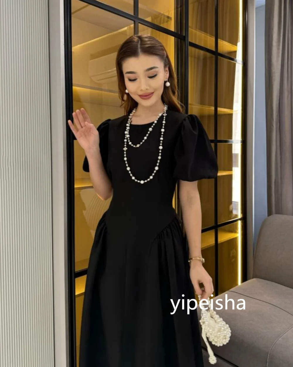 Robe de Soirée Trapèze Drapée en Jersey, Tenue de Bal de Longueur, Simple, Col Rond, à la Mode