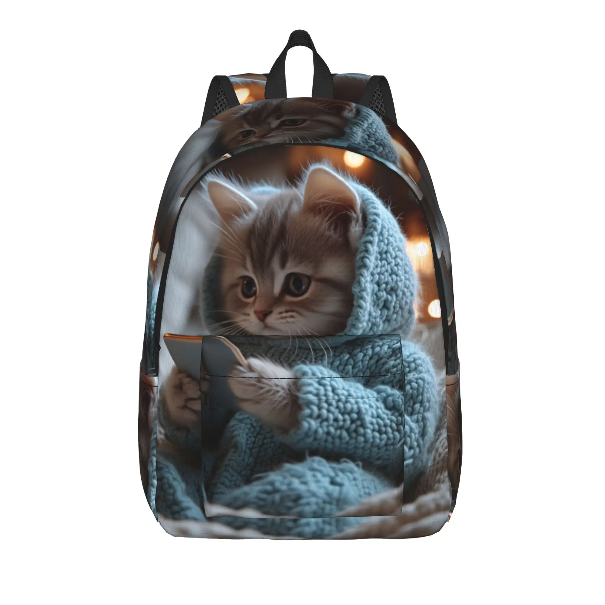 Cute Kitten in Hoodie Backpack Male  Lightweight Backpacks Polyester Cute High School Bags Travel High Quality Rucksack