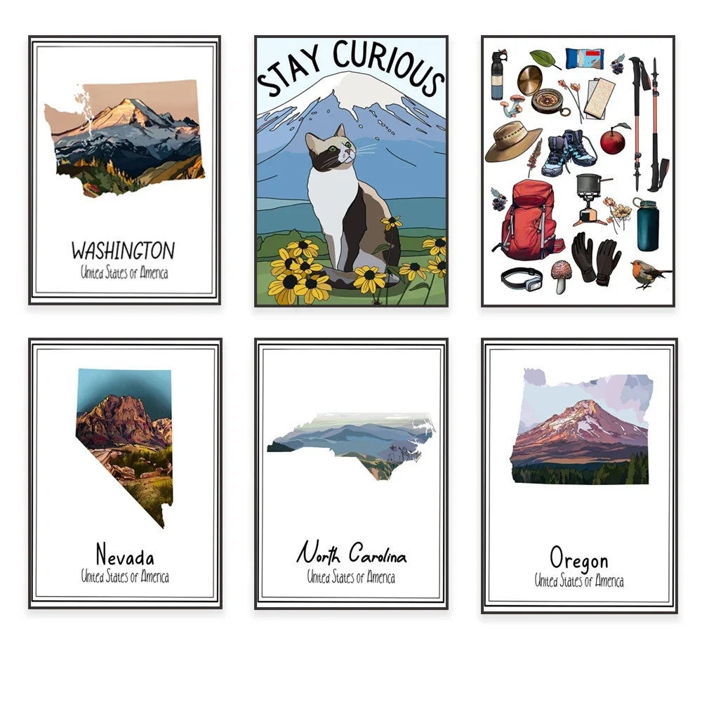 Oregon State Map, Washington State, American Goldfinch, North Carolina, Nevada, Cat and Mountain Art, Hiking Gear Travel Poster