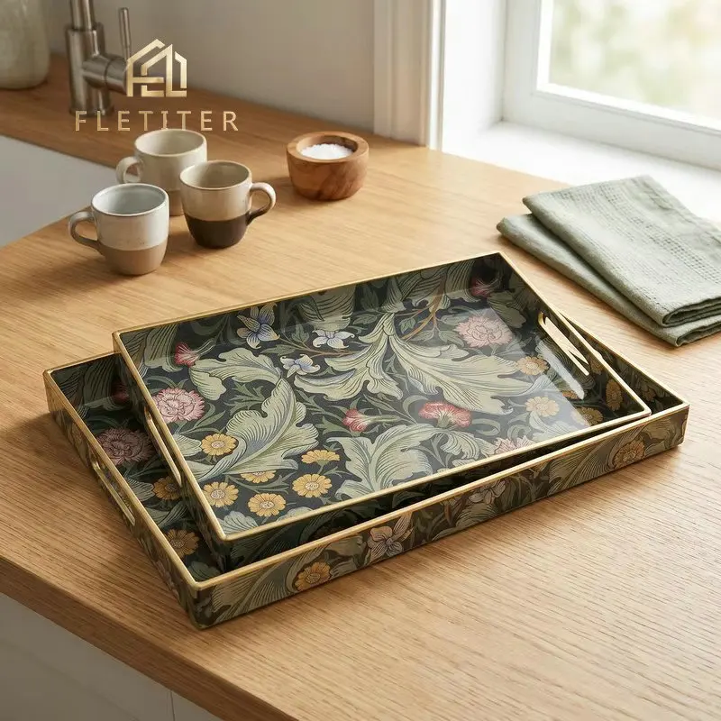 Decorative Rectangular Plastic Tray with Handles,Decal Paper Coffee Table Storage Organizer,Vintage Serving Tray for Home Decor