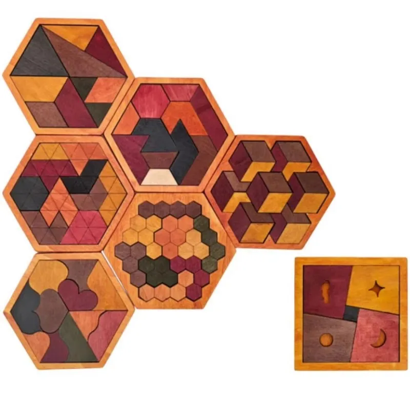 Wooden Hexagonal Tangram Puzzle Geometric Shape Pattern Blocks Brain Teaser IQ Logic Game Kids & Adults Stress Relief Gifts