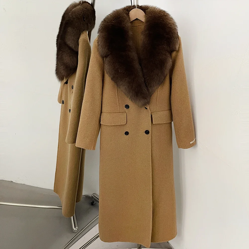 OFTBUY Luxuriöser Doppelreihiger Langer Wollmantel für Damen mit Echtem Fuchspelzkragen, Winter-Wärmejacke, Schlanke Wollkleidung mit Echtpelz – Detail 12