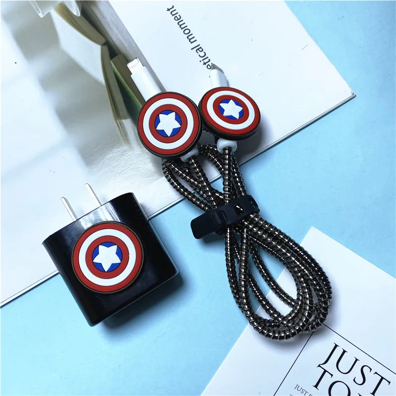 Cartoon Marvel Cable Winder Set For iPhone 11 12 Fast Charging 18/20 W Plug Data Line Charger Protection Sprial Cable Protective