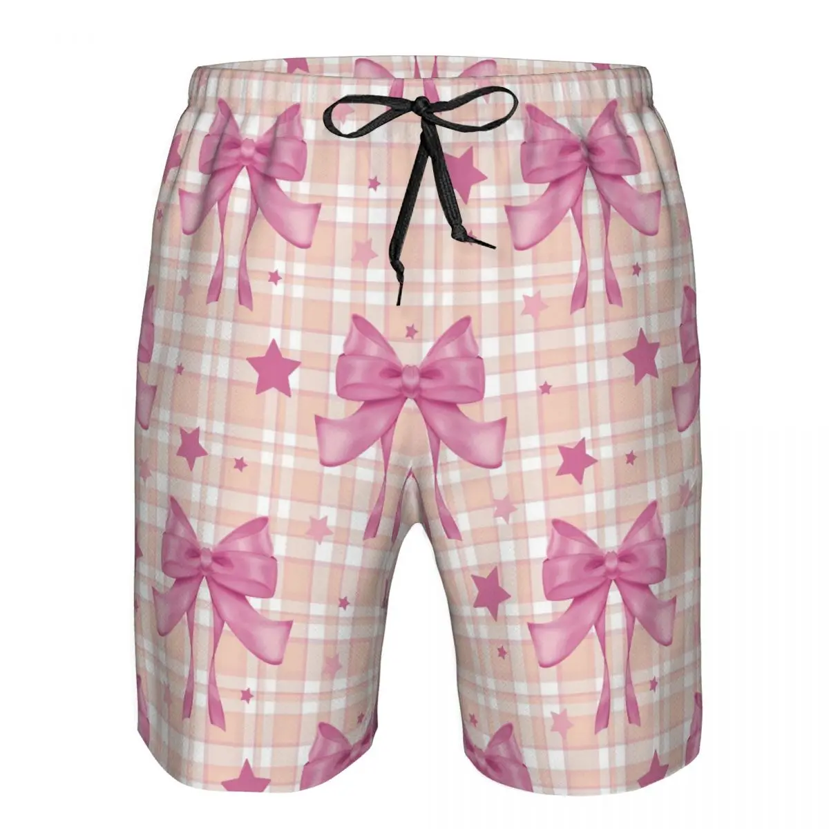 Pink Plaid, Bows And Stars Trunks Beach Board Shorts Casual Quick Dry Swim Summer Men Pants