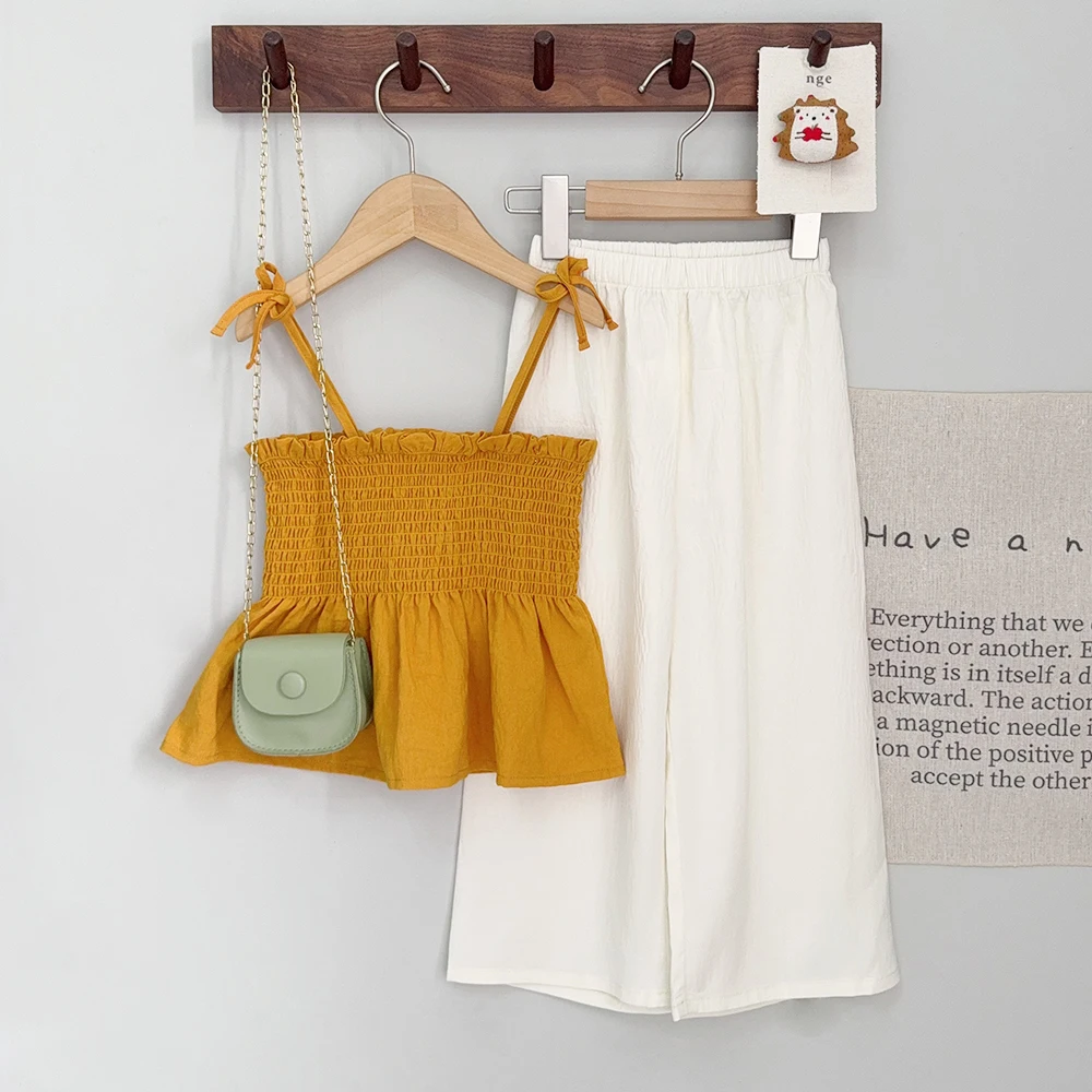 3-7 Years Old Girls' Summer Clothes Korean Casual Children's Costumes 2026 Solid Color Suspender Top + Loose Pant Two-piece Sets