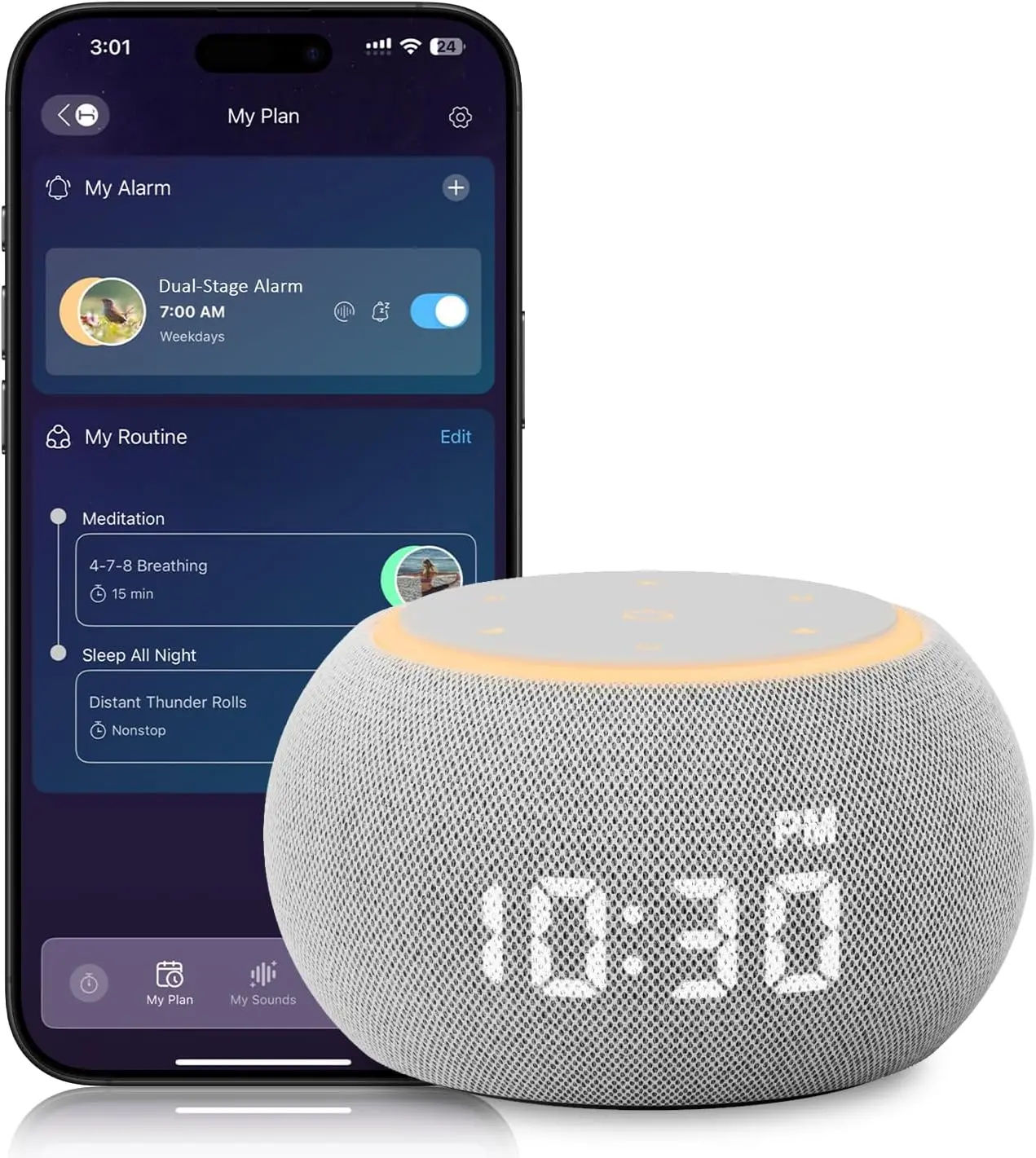 

Генератор белого шума с более чем 500 успокаивающими звуками, ночником, управлением через смарт-приложение и двойным будильником для сна