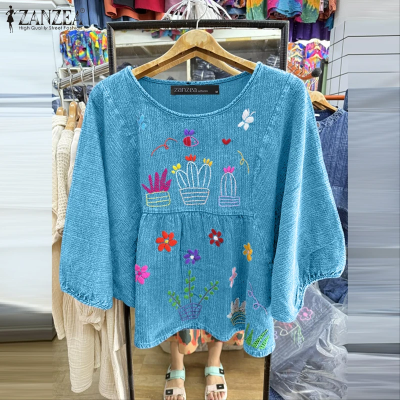 

2025 ZANZEA Vintage Printing Blouse Women Autumn 3/4 Sleeve Loose Casual Shirts Fashion Round Neck Oversize Blusas Femininas Top