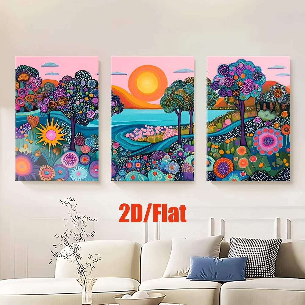 (No frame)2D Flat, 2D Flat, 2D Flat Set of Three Pieces, Featuring a 2D Flat Design of Scroll Posters Depicting Trees And Flo