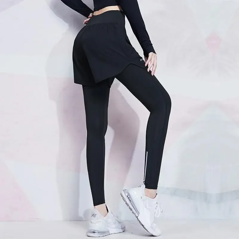 Women High Waist Yoga Pants Fake Two-piece Seamless Tights Ladies High Stretch Sweatpants Female Fitness Running Sports Leggings