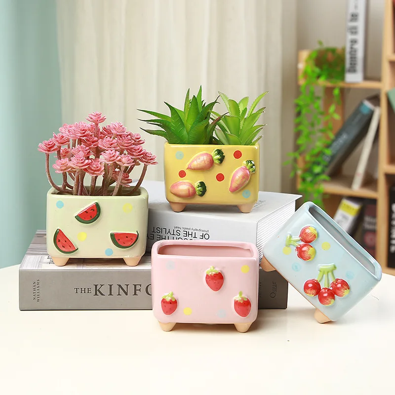 Personalized Rectangular Succulent Horticultural Flowerpot Home Creative Hand-painted Fruit Cute Ceramic Potted Plant Decoration