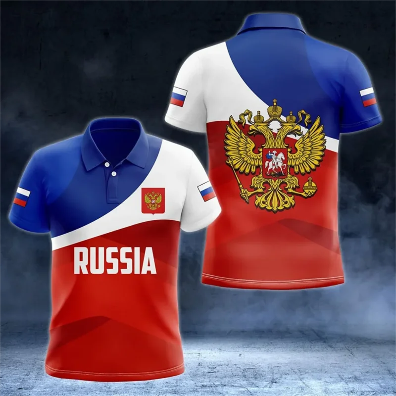 Russia National Emblem Print Summer Button Lapel Men\'s Polo Shirts Casual Tops Russian Flag Pattern Casual Trend Men Clothing