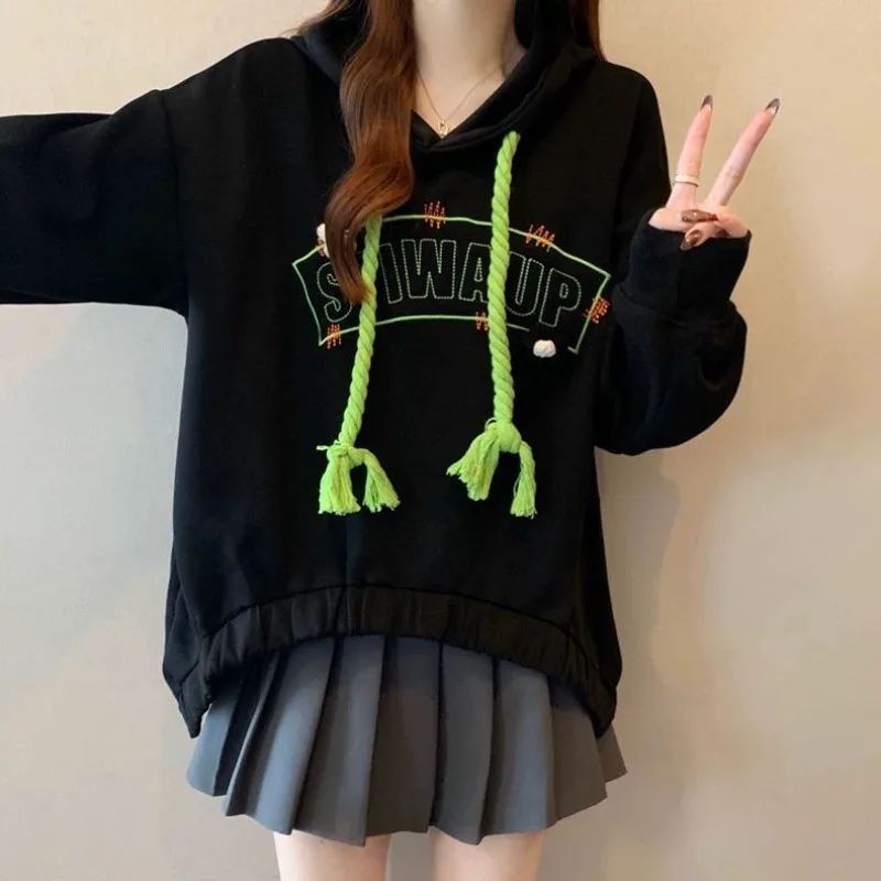 봄과 가을 루즈핏 긴팔 여성 후드티 스웨트셔츠 한국 스트릿웨어 Y2K 빈티지 90년대 케이팝 여성 후드탑