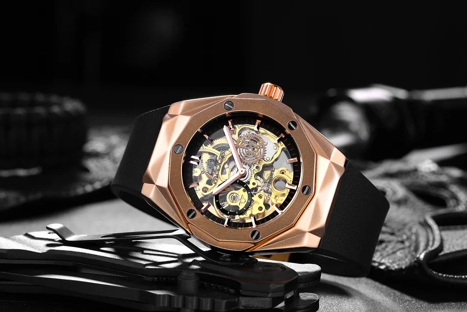 Men Automatic Skeleton Self Wind Mechanical Rose Gold Silver Black Case Rubber Strap Sports Watch