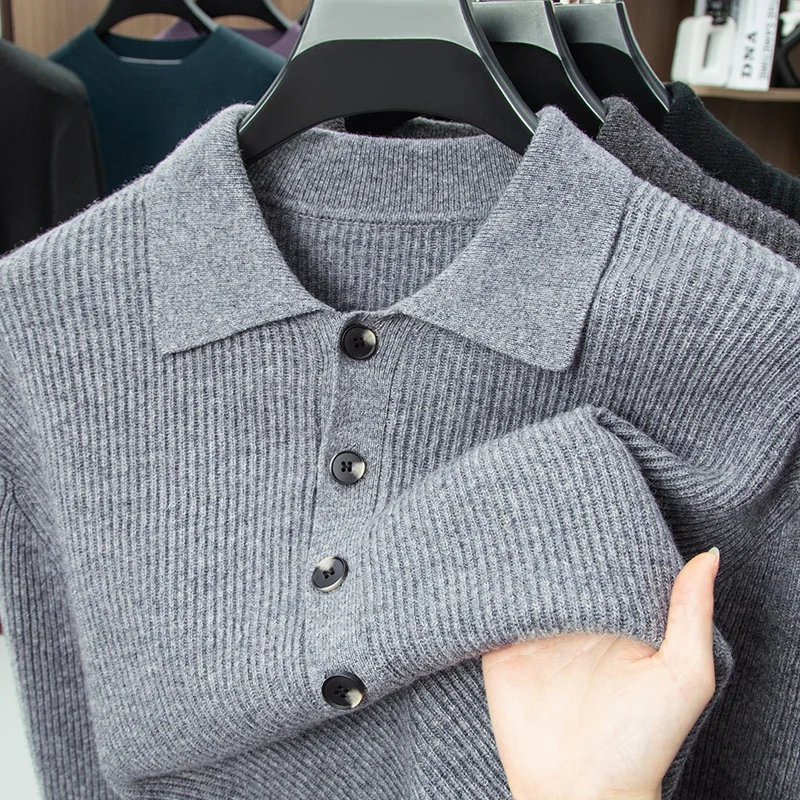 Man Luxury Brand Long Sleeves Knitwear 100% Wool Lapel Four-Button Non-deforming Warm Autumn New Sweater Lazy Leisure Men's Tops